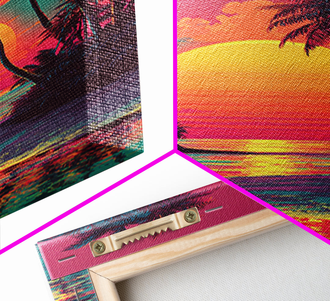 Vibrant Sunset Tropical Landscape With Palm Trees And Ocean View - Framed Canvas Print Coastal Wall Art For Home Decor