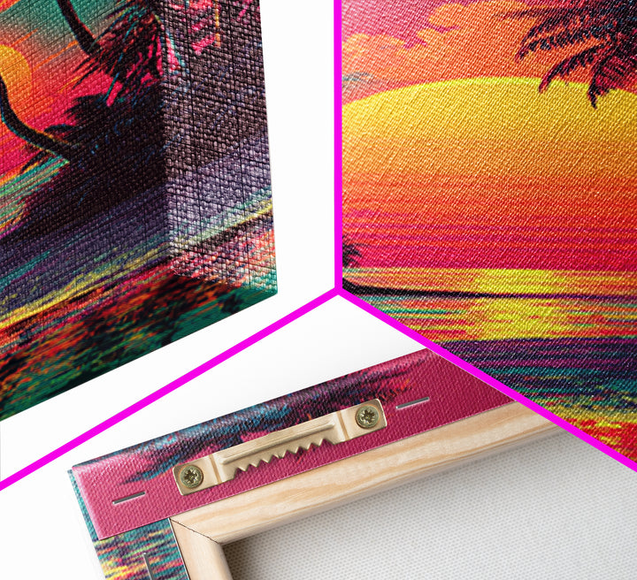Vibrant Sunset Tropical Landscape With Palm Trees And Ocean View - Framed Canvas Print Coastal Wall Art For Home Decor