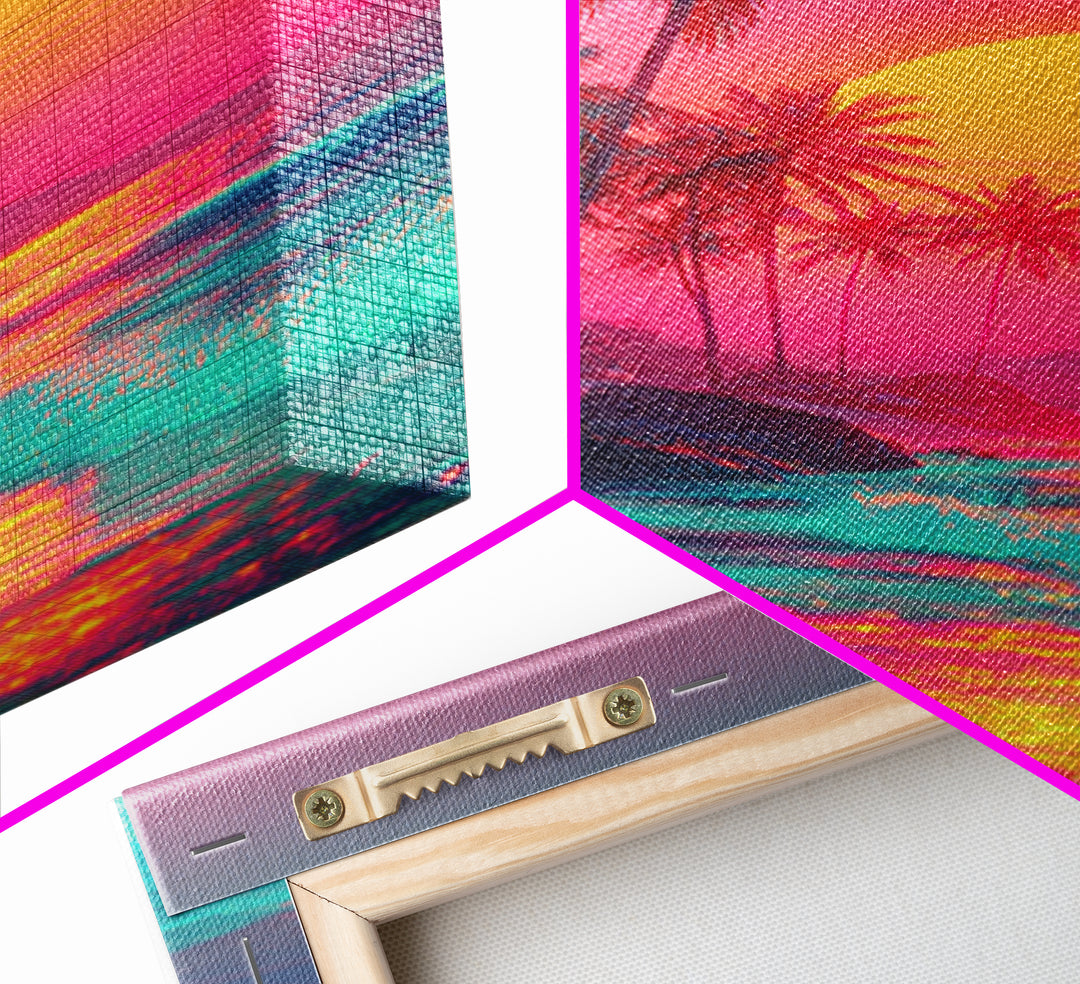 Tropical Beach With Palm Trees And Vibrant Sunset Reflections Large Framed Canvas Print Wall Art