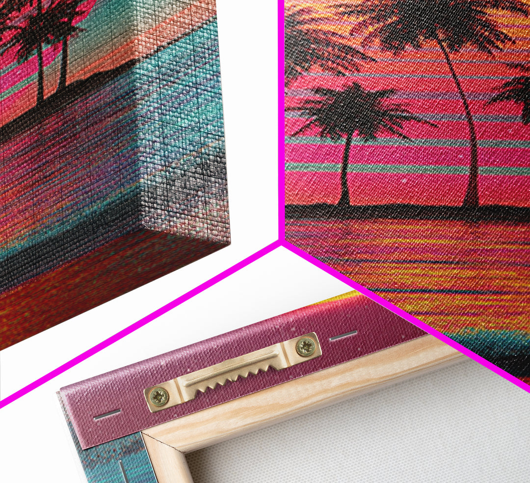 Retro Sunset With Palm Trees Against Gradient Sky Vibrant Framed Canvas Print For Tropical Wall Art And Home Decor