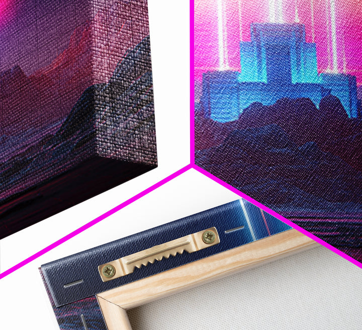 Retro Futuristic Neon Cityscape Digital Art Modern Wall Art Framed Canvas Print For Home Decor