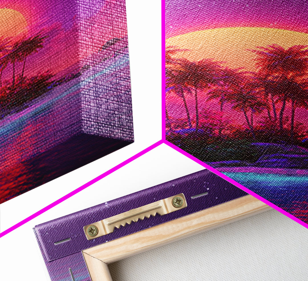 Neon Sunset Tropical Island With Palm Trees Canvas Print Vibrant Wall Art For Coastal Decor And Trendy Home Decor