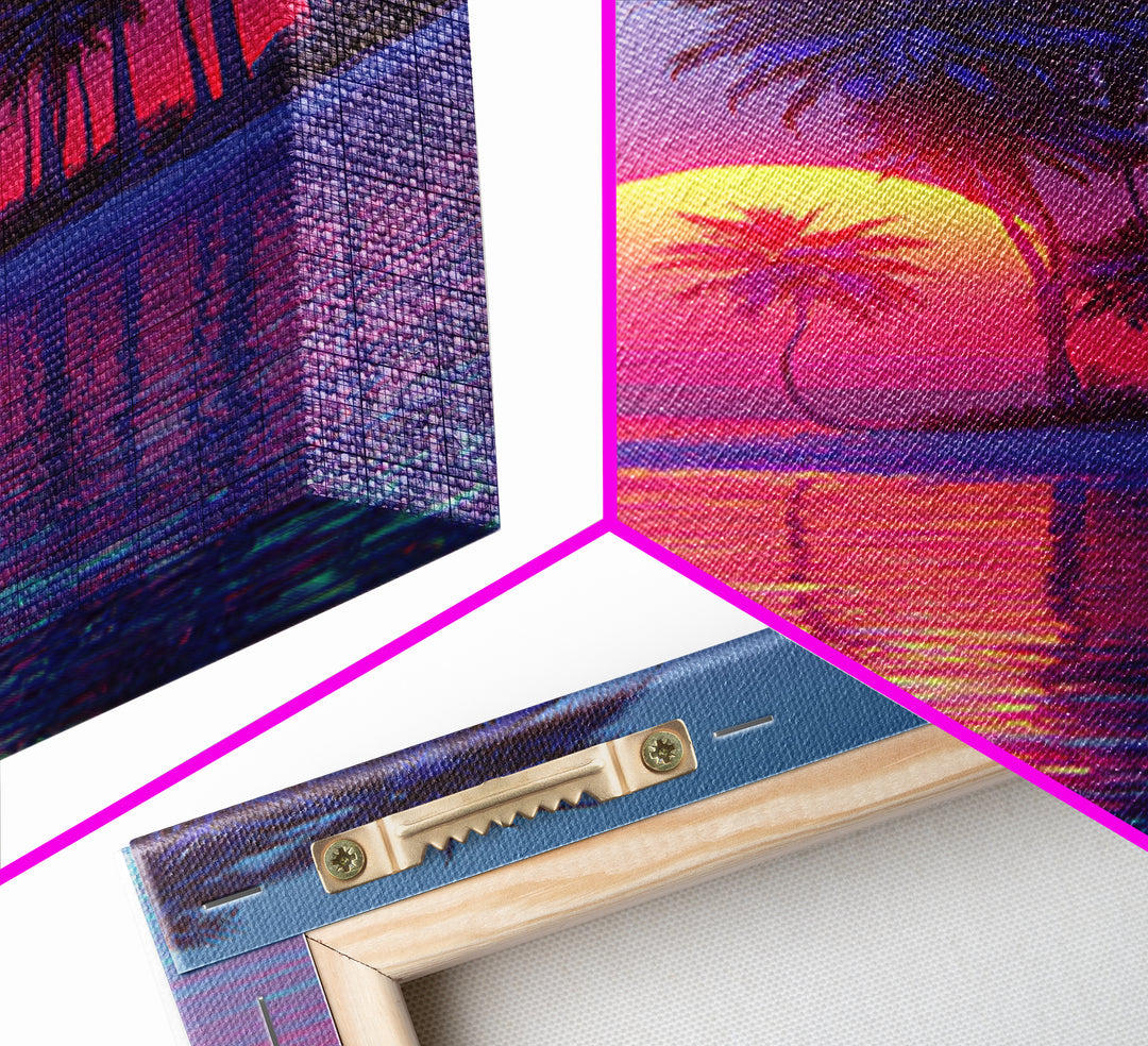 Vaporwave Tropical Sunset With Palm Trees Beach Reflection Canvas Print For Modern Home Decor Wall Art