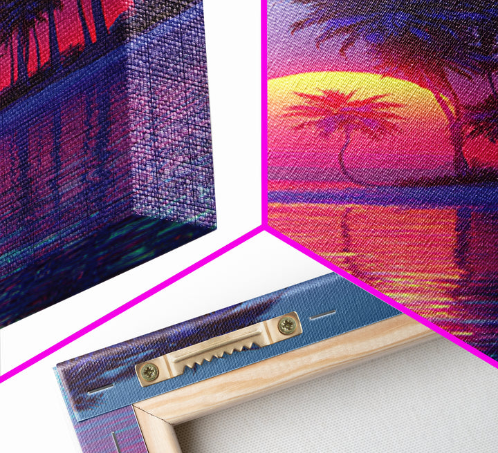 Vaporwave Tropical Sunset With Palm Trees Beach Reflection Canvas Print For Modern Home Decor Wall Art