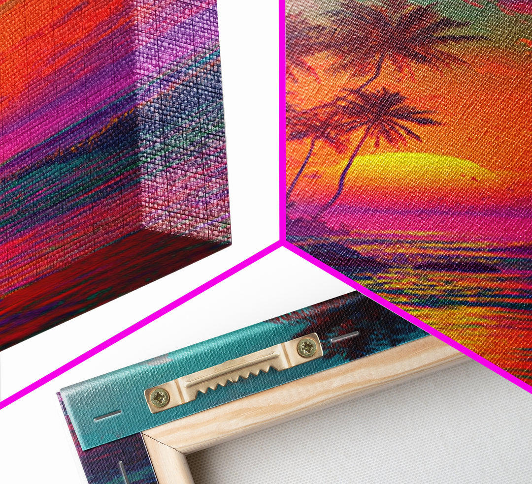 Vibrant Tropical Sunset With Palm Trees Over Ocean Framed Canvas Print Perfect For Coastal Home Decor