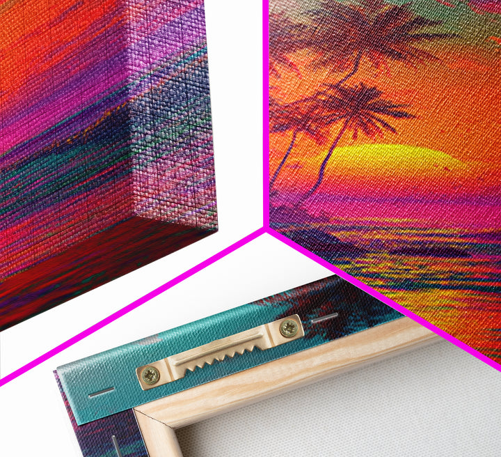 Vibrant Tropical Sunset With Palm Trees Over Ocean Framed Canvas Print Perfect For Coastal Home Decor