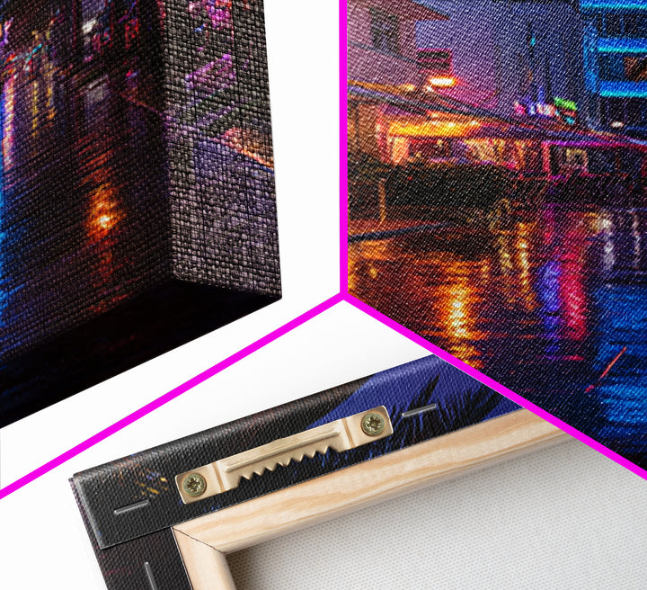 Vibrant Neon Miami Street Nightscape With Palm Trees Digital Wall Art Canvas Print For Chic Living Room Home Decor