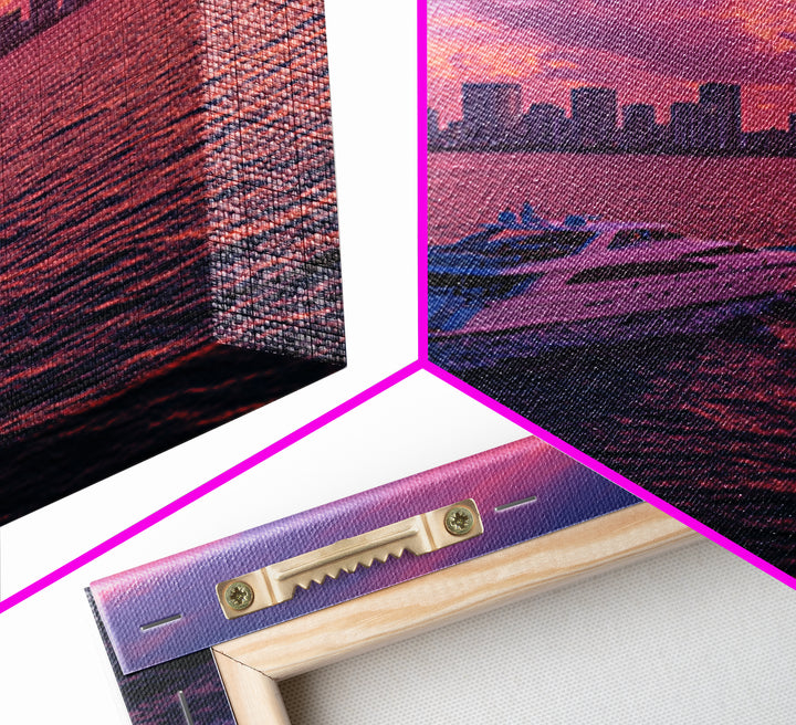 Luxury Yacht Sailing Into Stunning Miami Sunset Skyline Wall Art Framed Canvas Print For Living Room Decor