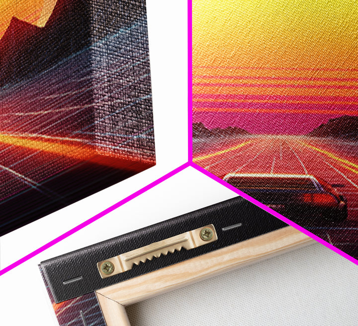 Vibrant Retro Futuristic Road Landscape Canvas Print With Neon Sunset And Car Driving Through Digital Mountains