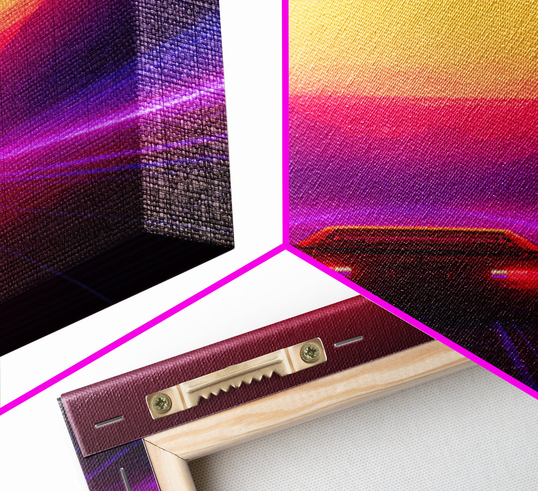 Synthwave Retro Neon Landscape With Sports Car And Palm Trees Under Glowing Sunset Canvas Print For Vaporwave Wall Art And Modern Decor