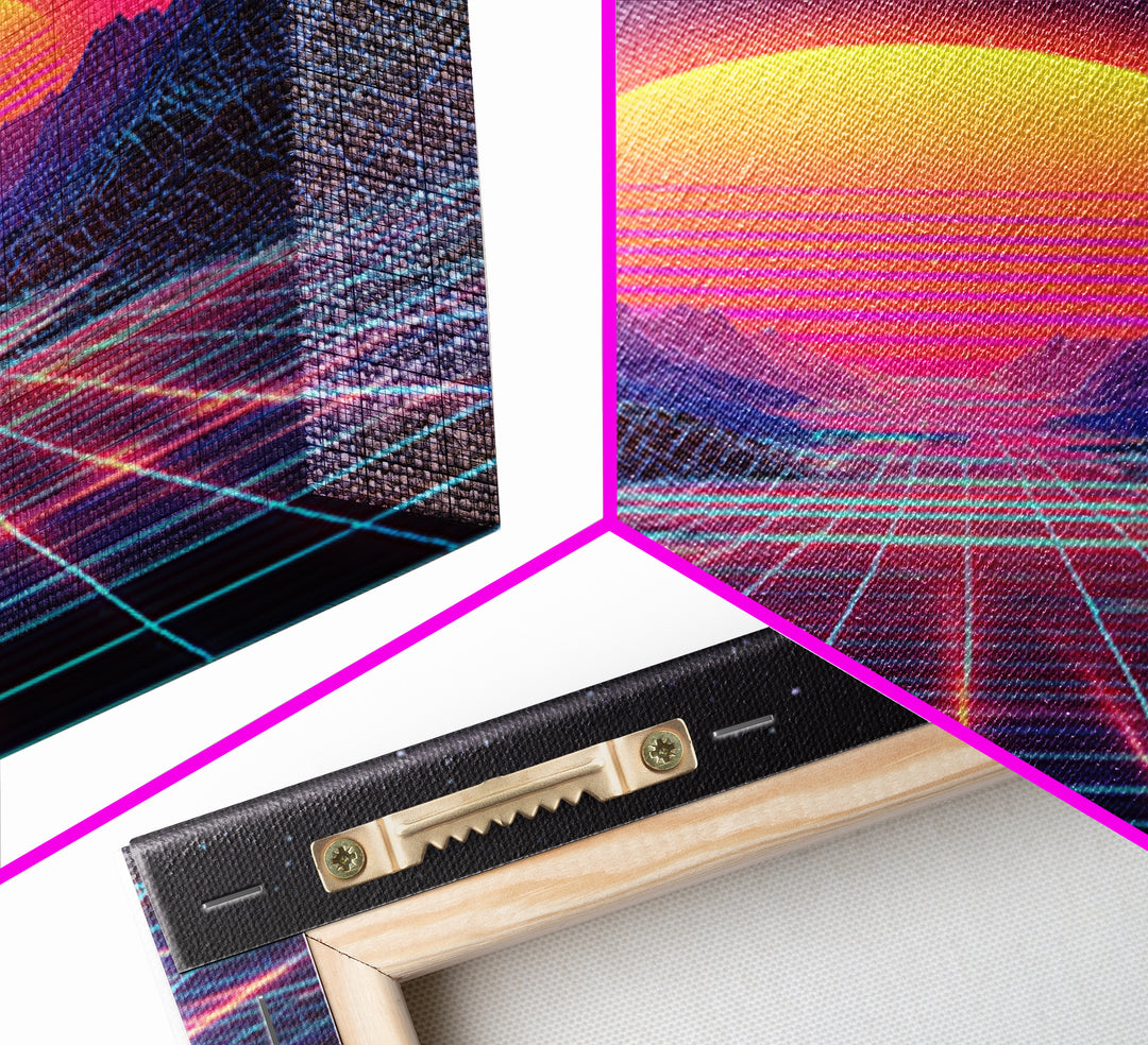 Retro Neon Landscape With Glowing Sun And Grid River Abstract Digital Wall Art Canvas Print For Modern Room