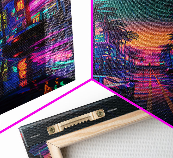 Neon City Rainy Night Street Retro Futuristic Art Print With Car Reflections And Palm Trees Canvas Print For Modern Wall Decor