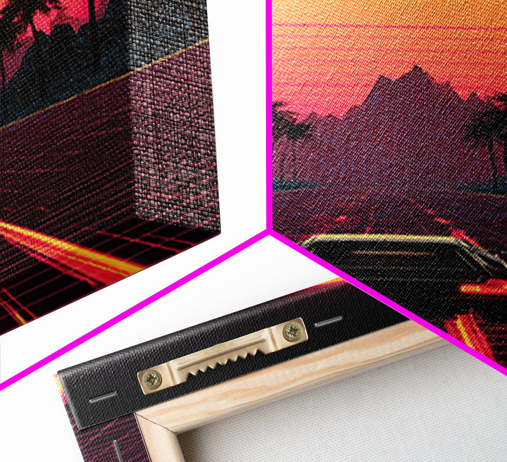 Retro Futuristic Neon Sunset Road With Laser Grid And Sports Car Canvas Print For Modern Wall Art Cyberpunk Decor And Gaming Room Decor
