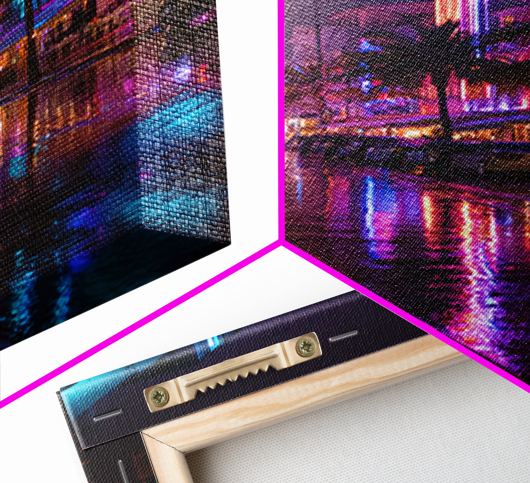 Neon City Street Rain Reflection Wall Art Vibrant Urban Nightscape Canvas Print For Modern Home Decor