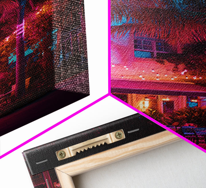 Vibrant Nighttime Tropical Outdoor Cafe Scene In Pink And Blue Modern Wall Art Canvas Print