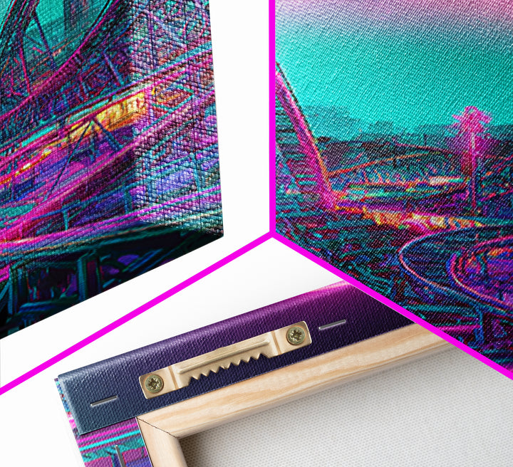 Vibrant Retro Futuristic Roller Coaster Scene With Neon Pink Moon Wall Art Canvas Print For Gamers Room Decor