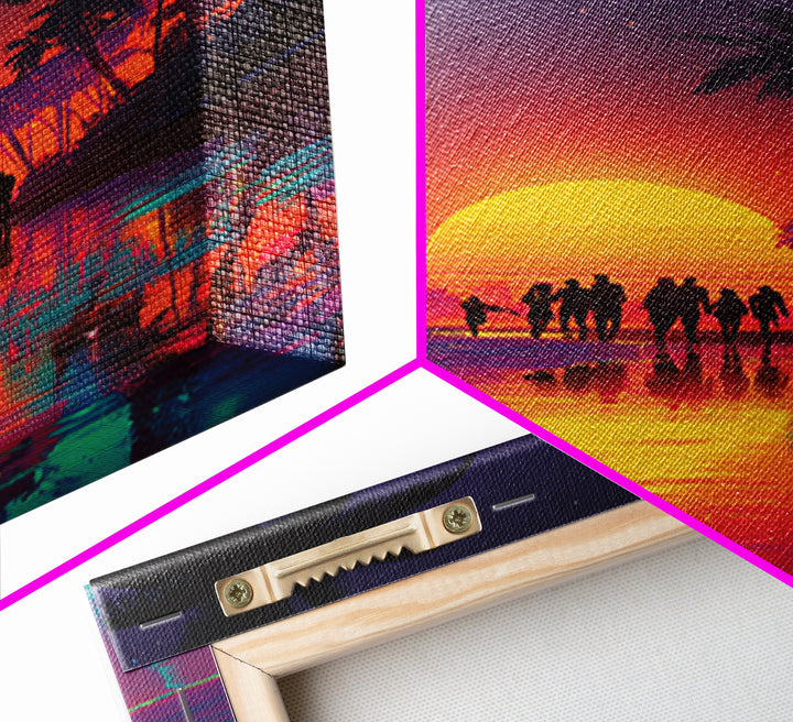 Modern Vibrant Sunset Beach Scene With People Silhouettes Wall Art Framed Canvas Print For Coastal Home Decor
