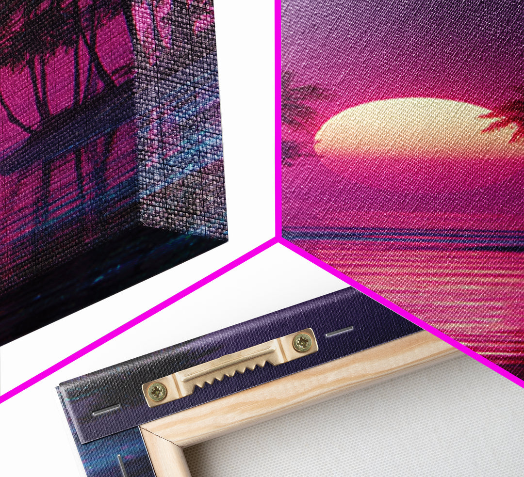 Gentle Pink Purple Tropical Sunset Over Calm Ocean With Palm Trees Wall Art For Relaxing Bedroom Decor