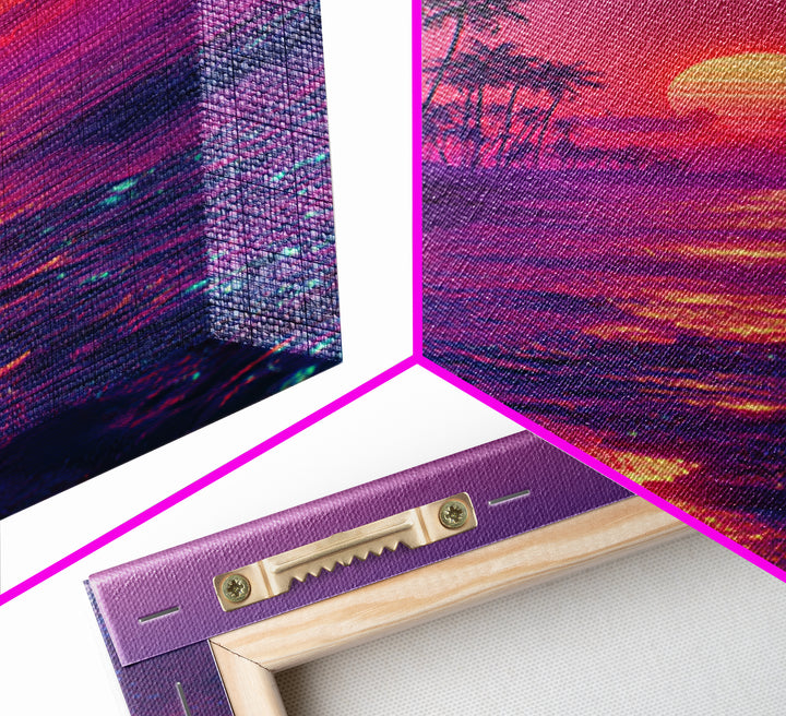 Vibrant Retro Sunset Beach Scene With Palm Trees Silhouettes Wall Art Canvas Print For Home Decor And Living Room