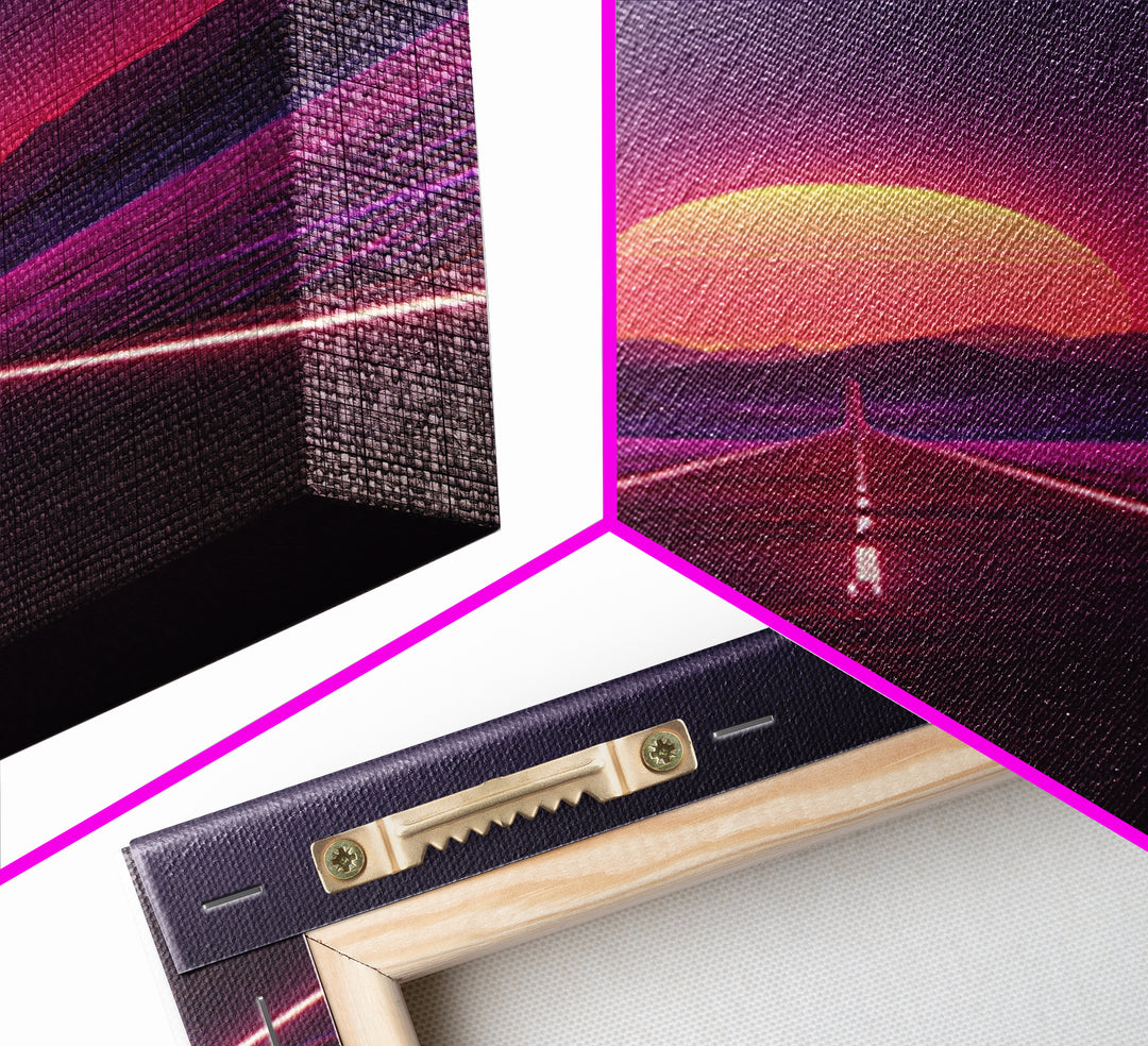 Offbeat Neon Retro Futuristic Road Sunset Digital Art Wall Art Canvas Print Trendy Modern Decor For Bedroom And Office