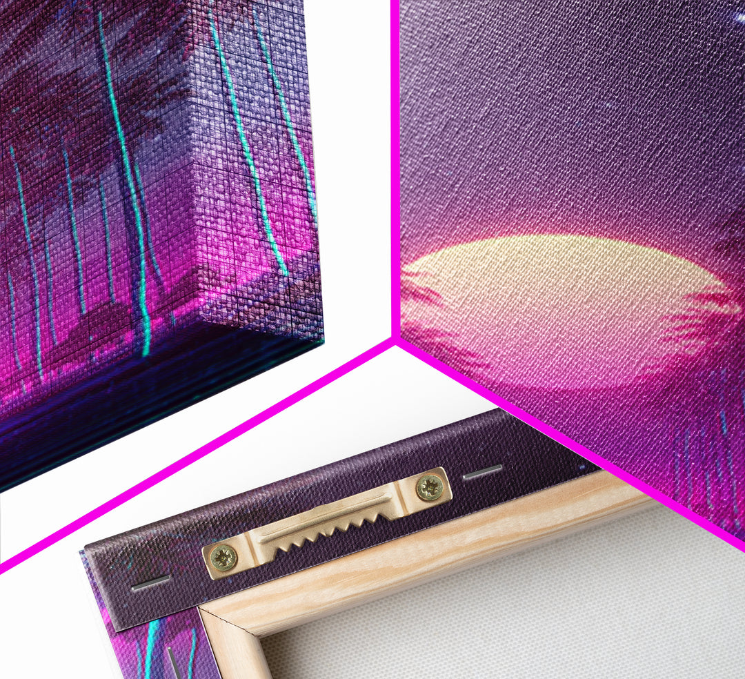 Retro Futuristic Neon Highway Leading To Large Vibrant Sun Over Palm Trees Digital Canvas Print Wall Art