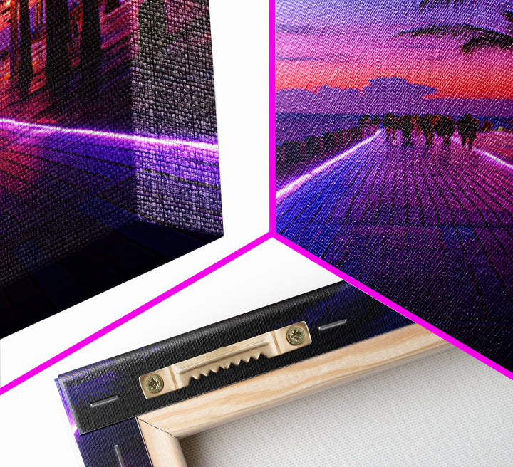Neon Purple Boardwalk With Palm Trees At Twilight Coastal Photography - Canvas Print Modern Wall Art For Home Decor