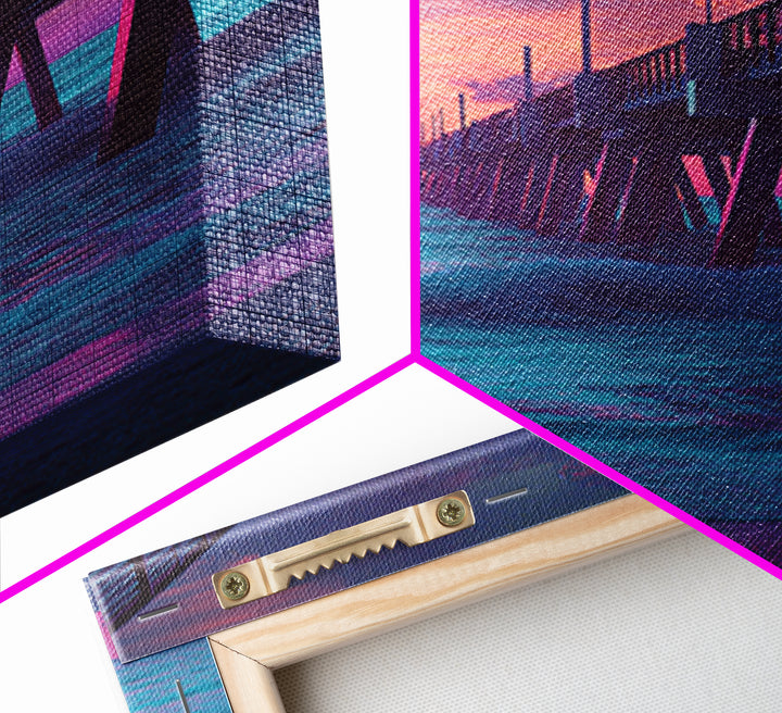 Mystical Purple And Blue Ocean Pier Sunset Wall Art Print For Beach House And Coastal Decor Canvas Print