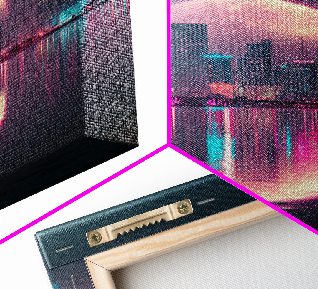 Giant Pink Moon Over Tropical Cityscape Sunset Urban Modern Wall Art Canvas Print