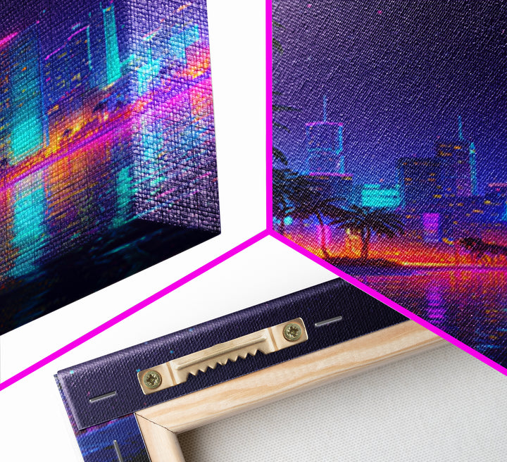 Neon Cityscape At Night With Reflections And Palm Trees Wall Art Framed Canvas Print For Modern Living Room Decor