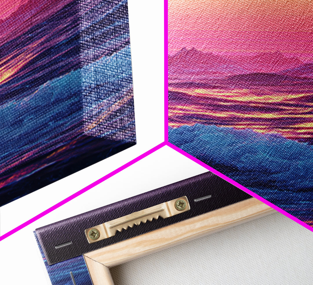 Retro Futuristic Neon Pink And Purple Surreal Landscape Digital Wall Art Framed Canvas Print
