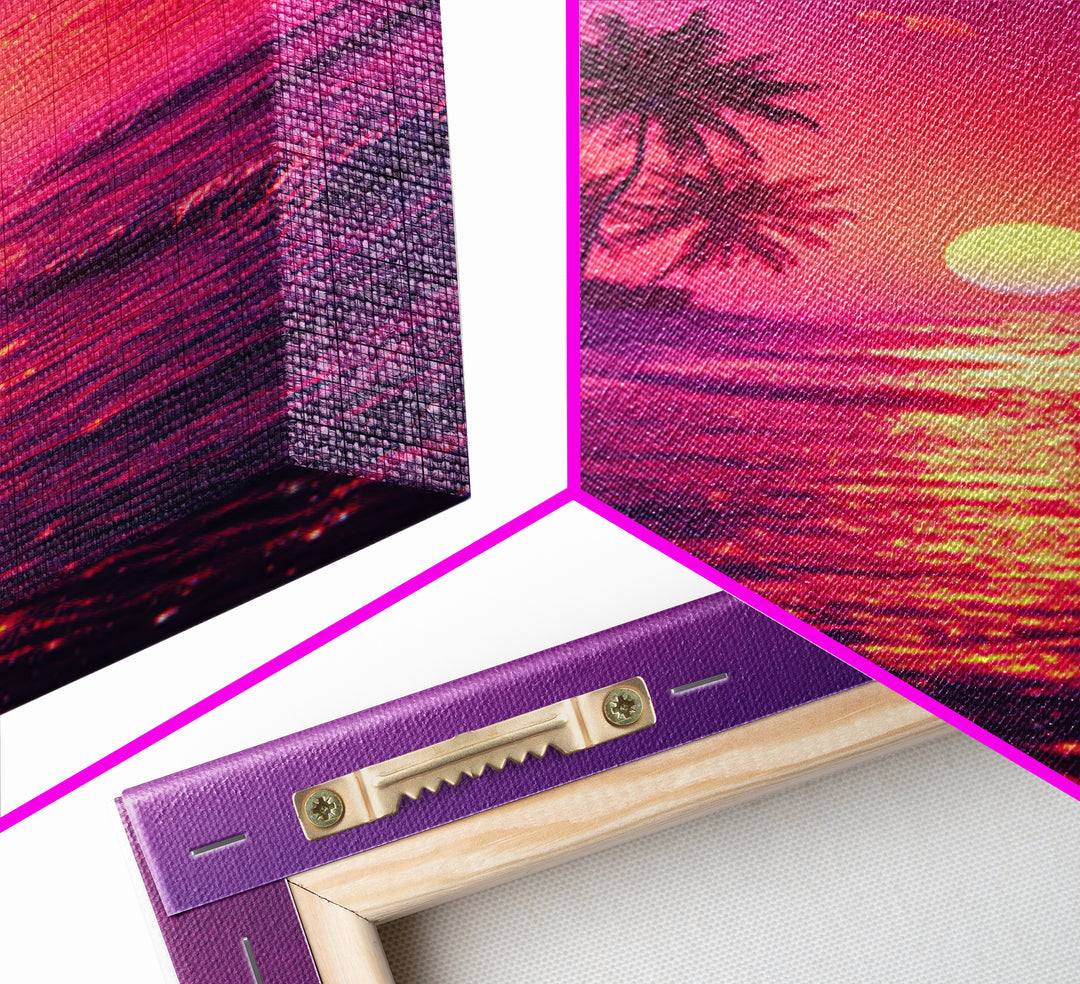 Tropical Sunset Beach Landscape Canvas Print With Pink Palm Trees And Ocean Waves Coastal Wall Art Home Decor For Living Room