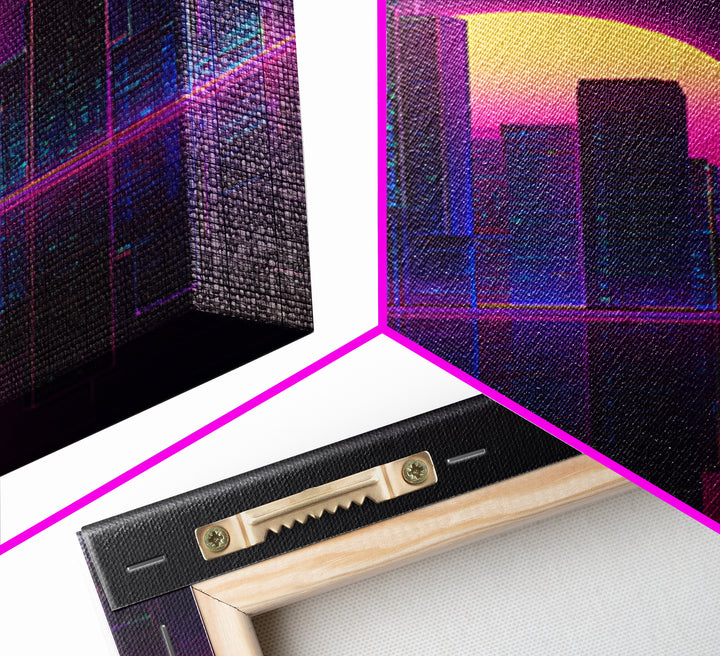 Futuristic Neon Cityscape With Purple And Pink Sunset Sci-Fi Wall Art Framed Canvas Print For Modern Living Room Decor
