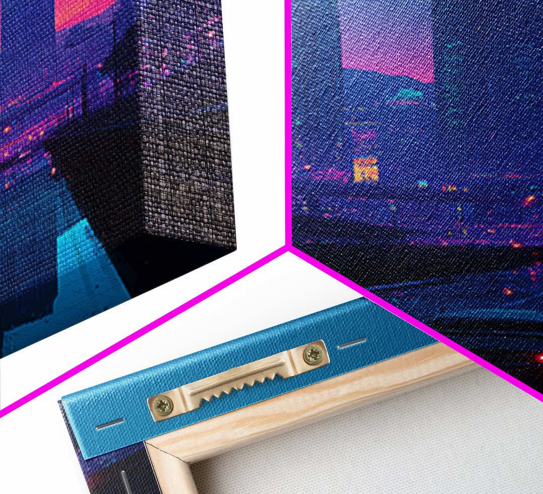 Cyberpunk Cityscape At Dusk With Neon Lights And Rain Reflections Modern Wall Art For Home Decor And Office