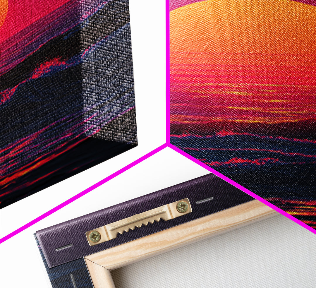 Vibrant Retro Abstract Neon Sunset Over Ocean Waves With Pink And Purple Horizon Wall Art Canvas Print For Bold Home Decor