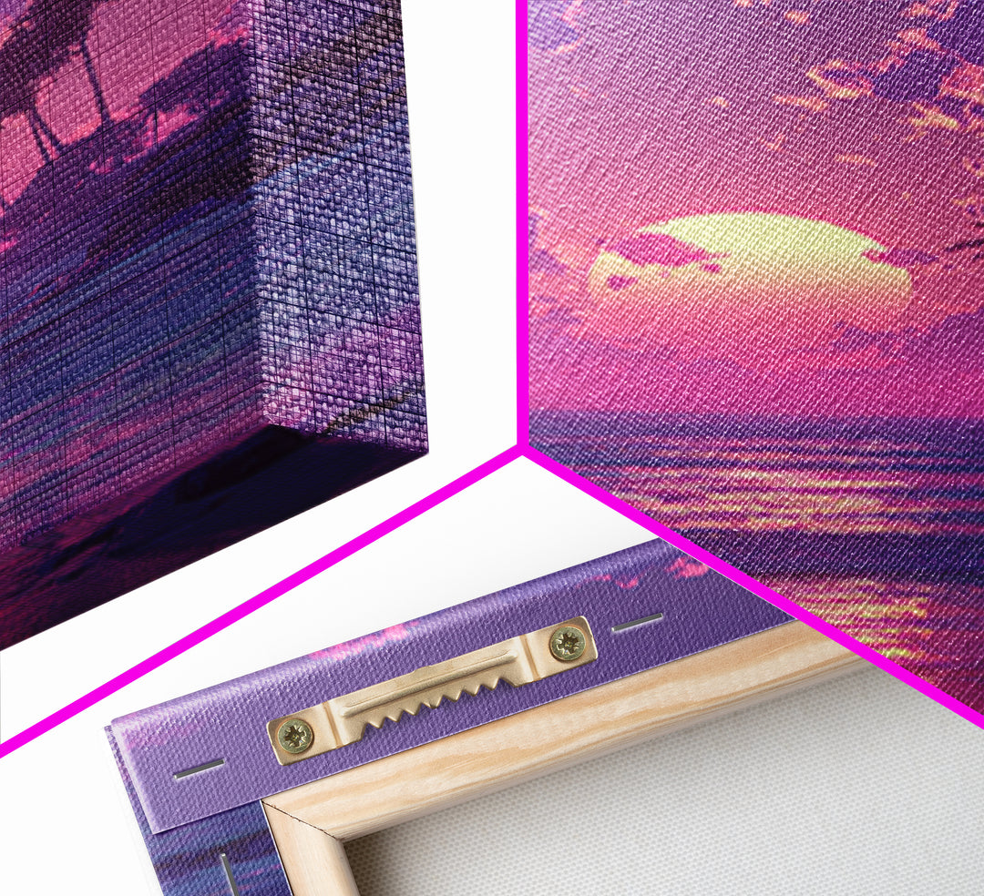 Peaceful Pink Purple Sunset Between Palm Trees Over Gentle Ocean Waves Framed Canvas Print For Home
