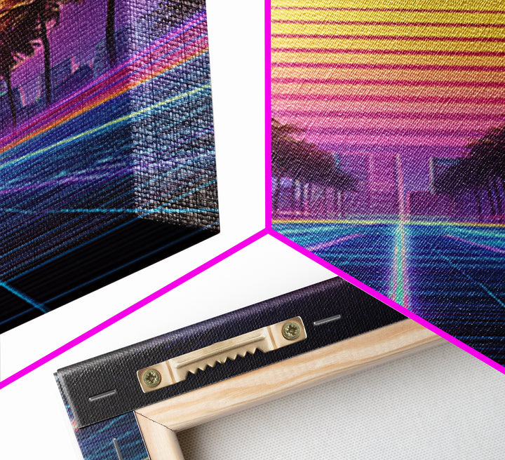 Retro Sunset Over Neon Cityscape With Palm Trees Digital Wall Art Framed Canvas Print Modern Wall Decor