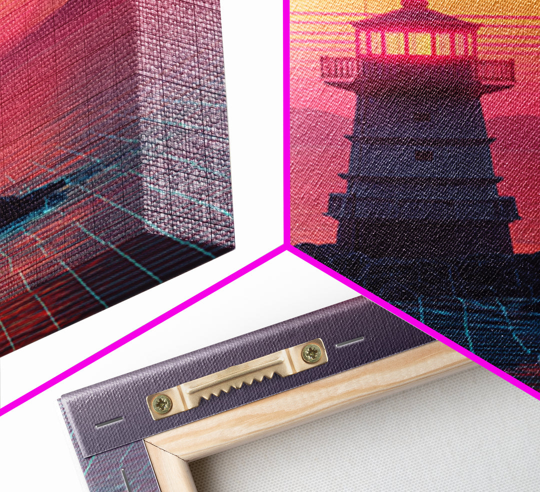 Retro Futuristic Neon Sunset Lighthouse Cityscape Digital Art Vibrant Large Wall Art Framed Canvas Print Modern Decor