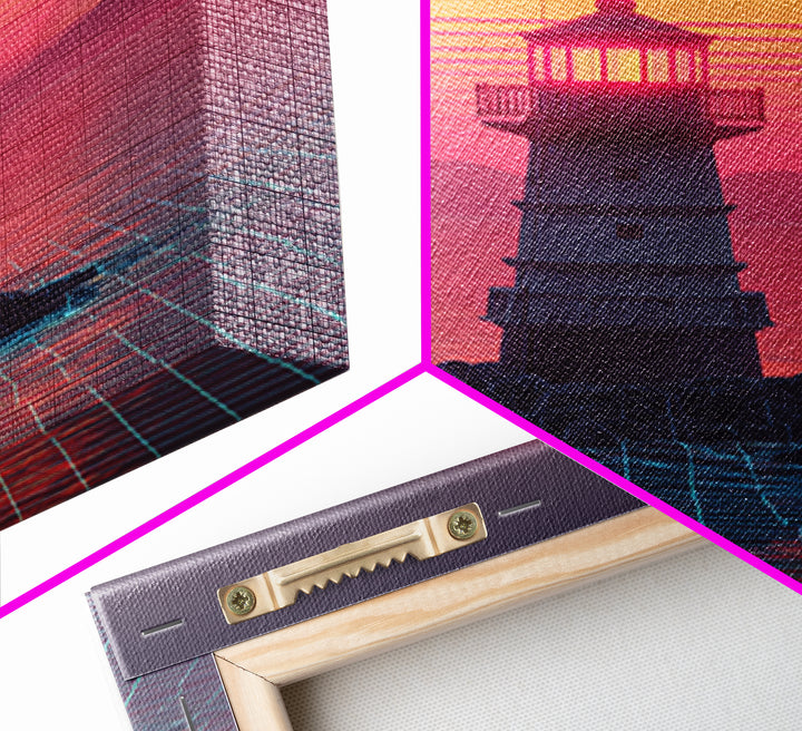 Retro Futuristic Neon Sunset Lighthouse Cityscape Digital Art Vibrant Large Wall Art Framed Canvas Print Modern Decor
