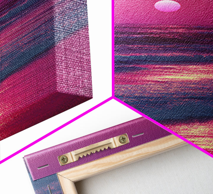 Vibrant Pink Sunset Over Ocean Waves With Reflective Light Coastal Wall Art Canvas Print For Beach House