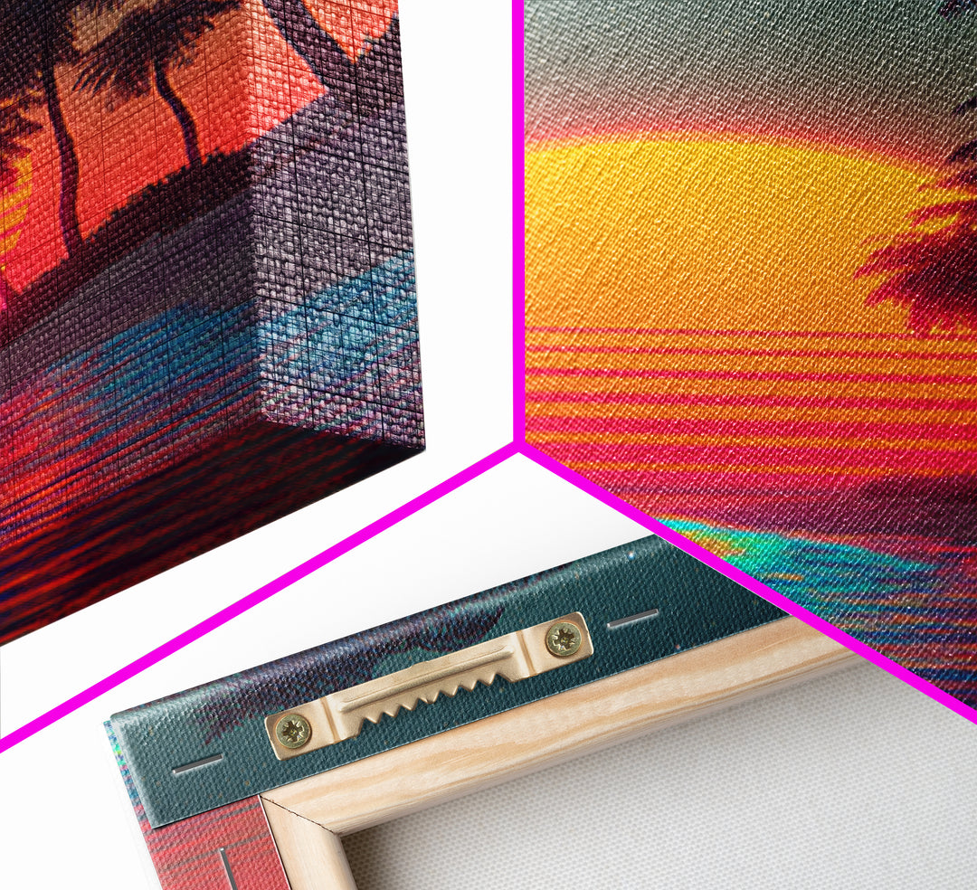 Retro Sunset Beach Landscape With Vibrant Neon Ocean Waves And Palm Trees Canvas Print For Modern Coastal Home Decor