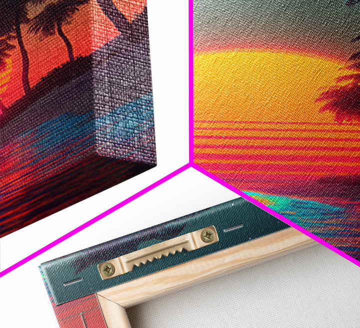 Retro Sunset Beach Landscape With Vibrant Neon Ocean Waves And Palm Trees Canvas Print For Modern Coastal Home Decor