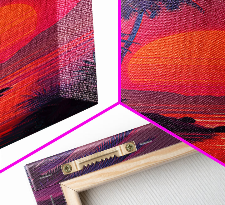 Evocative Tropical Sunset Island Coastal Artwork With Vibrant Red And Pink Sky Canvas Print For Modern Tropical Wall Decor