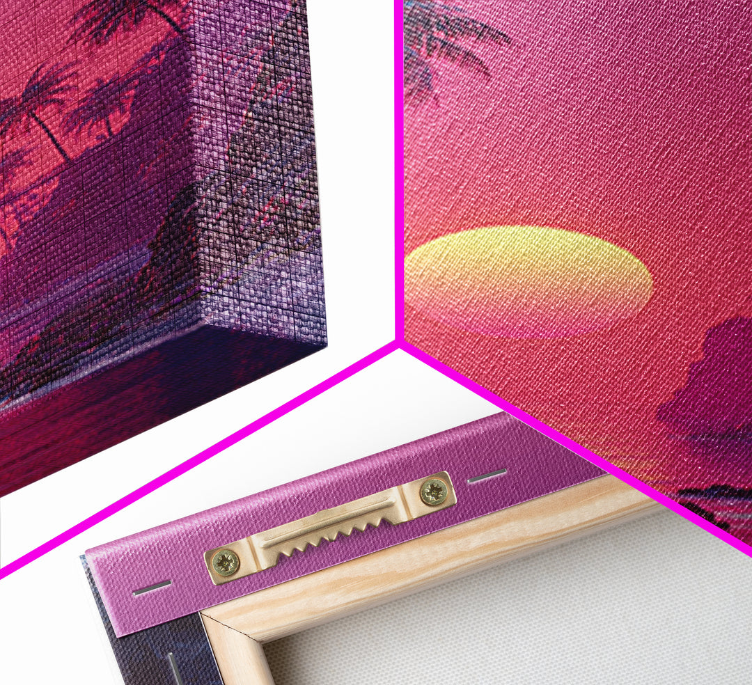 Stunning Pink Sunset Tropical Beach Landscape With Palm Trees Wall Art Canvas Print For Coastal Home Decor And Bedroom