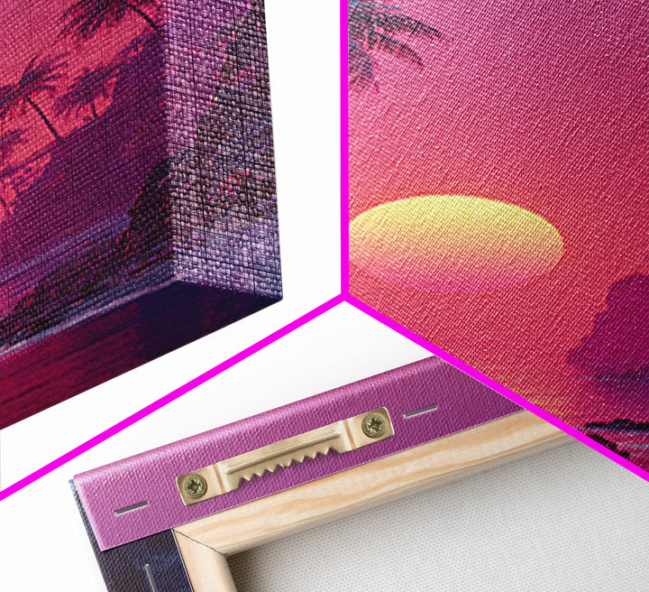 Stunning Pink Sunset Tropical Beach Landscape With Palm Trees Wall Art Canvas Print For Coastal Home Decor And Bedroom