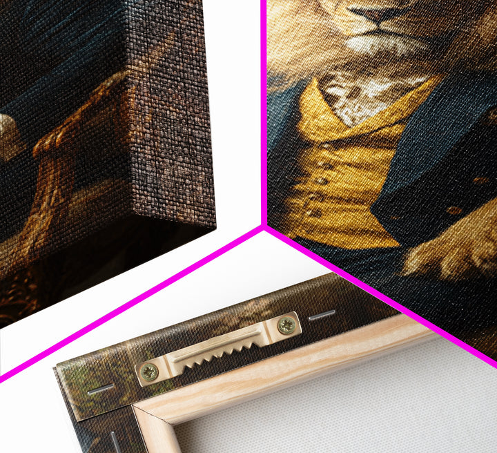 Noble Lion In Blue Suit On Gilded Throne Canvas Print, Regal Animal Wall Art, Luxury Maximalist Office Decor Gift For Him