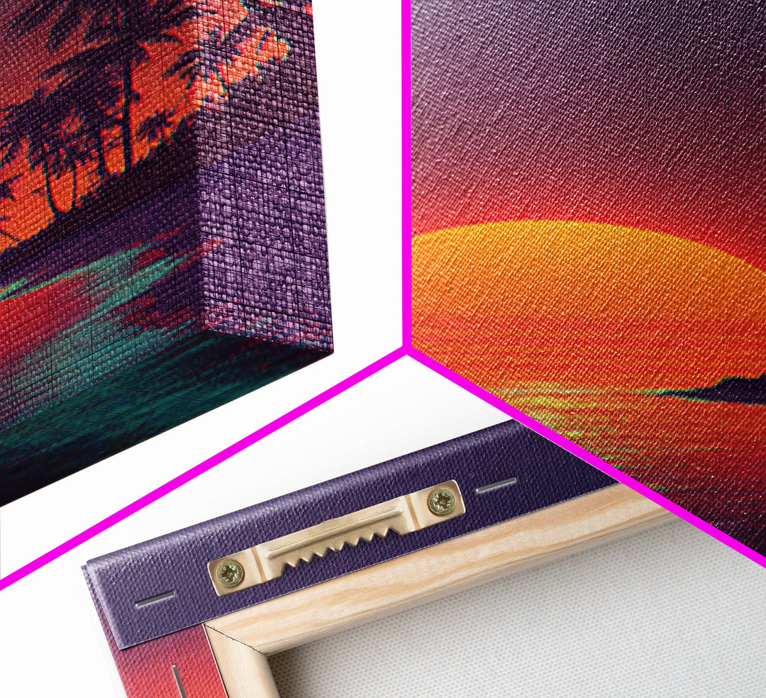 Vibrant Retro Sunset Over Tropical Beach Digital Artwork Modern Wall Art Framed Canvas Print Coastal Home Decor