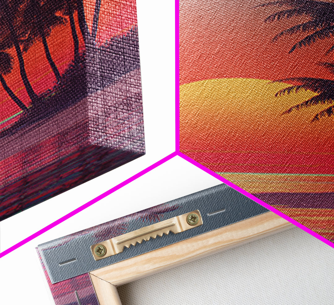 Tropical Sunset Beach Scene Wall Art With Palm Trees And Vibrant Coral Sky Framed Canvas Print Perfect For Coastal Home Decor