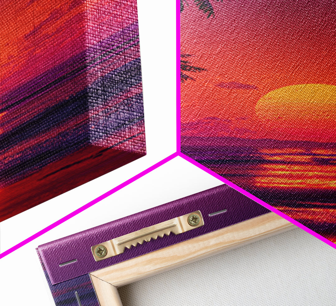 Vibrant Retro Sunset Beach Palm Tree Painting Wall Art Print For Bedroom And Coastal Home Decor Canvas Print