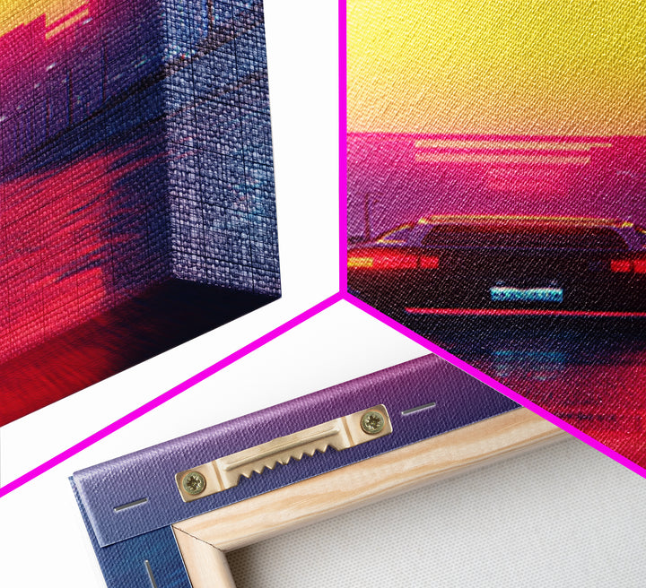 Retro Futuristic Neon Cityscape With Classic Car Sunset Wall Art Canvas Print Gaming Room Decor Modern Urban Art