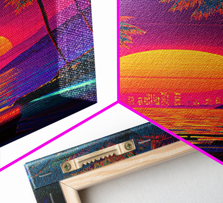 Retrowave Neon Sunset With Palm Trees And Convertible Car Canvas Print For Modern Wall Art Coastal Home Decor